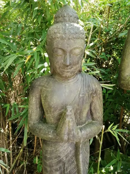 Product image 1 of the product “Standing Buddha, India, 158 cm height, cast stone, handcrafted & coloured ”